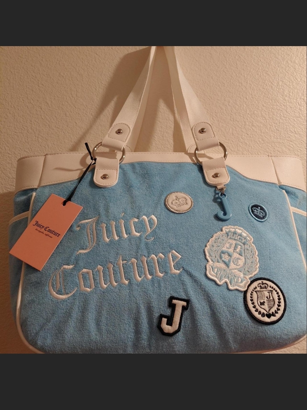 Juicy Couture Light Blue Tote with White Trim and Embroidered Patches - Picture 1 of 4